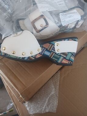 White Leather-Trim Multicolor Woven Platform Mules